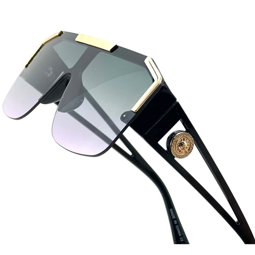 Mens Oversized Shield Sunglasses Black Gold Flat Top Gradient Lens Bold Chic New